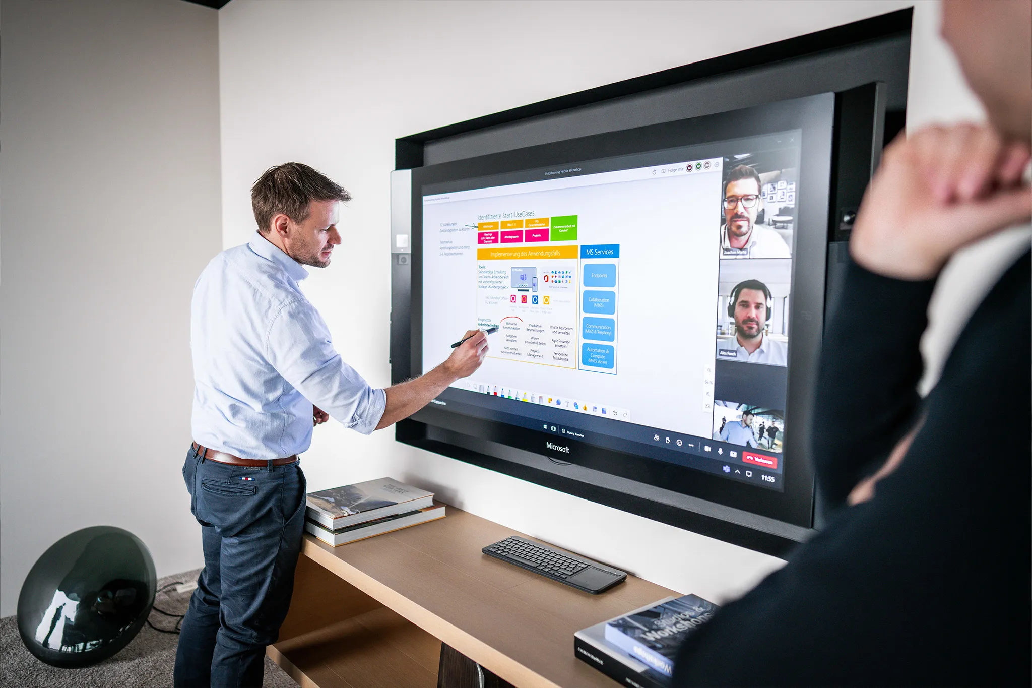 Personen bei einem remoten, virtuellen Meeting an einem Smart Board